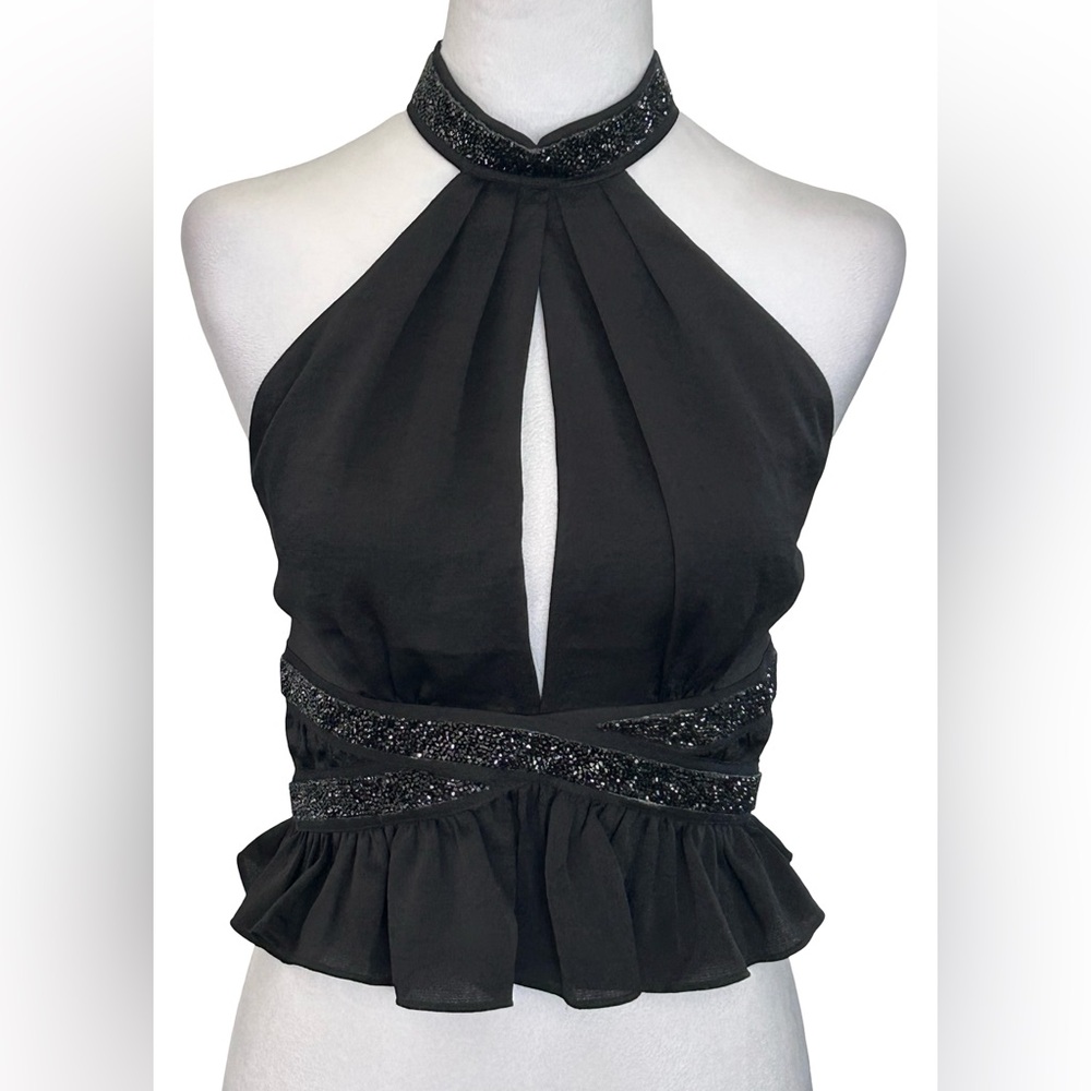Express Black Embellished Halter Top Keyhole Peplum Beaded Party Going Out S 2 4